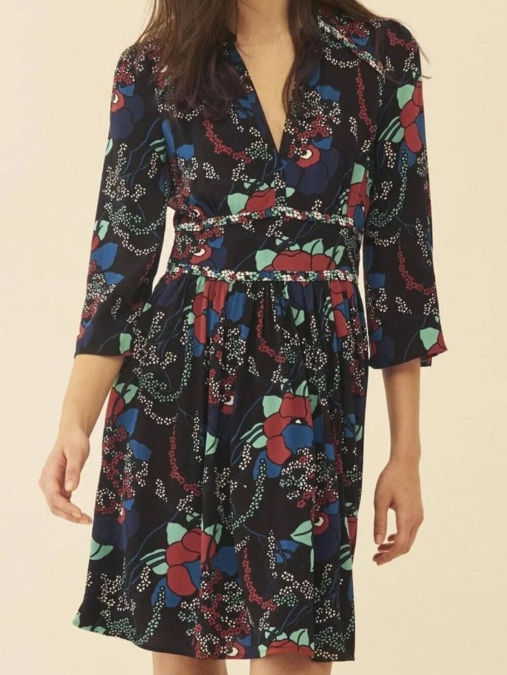 ba&sh Agathe Black Floral Deep V Neck Mini Dress 4